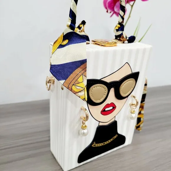 Fashion Lady Face Trendy Box Handbag for Women w/Pearl Earrings, Scarf Handle - Picture 13 of 16